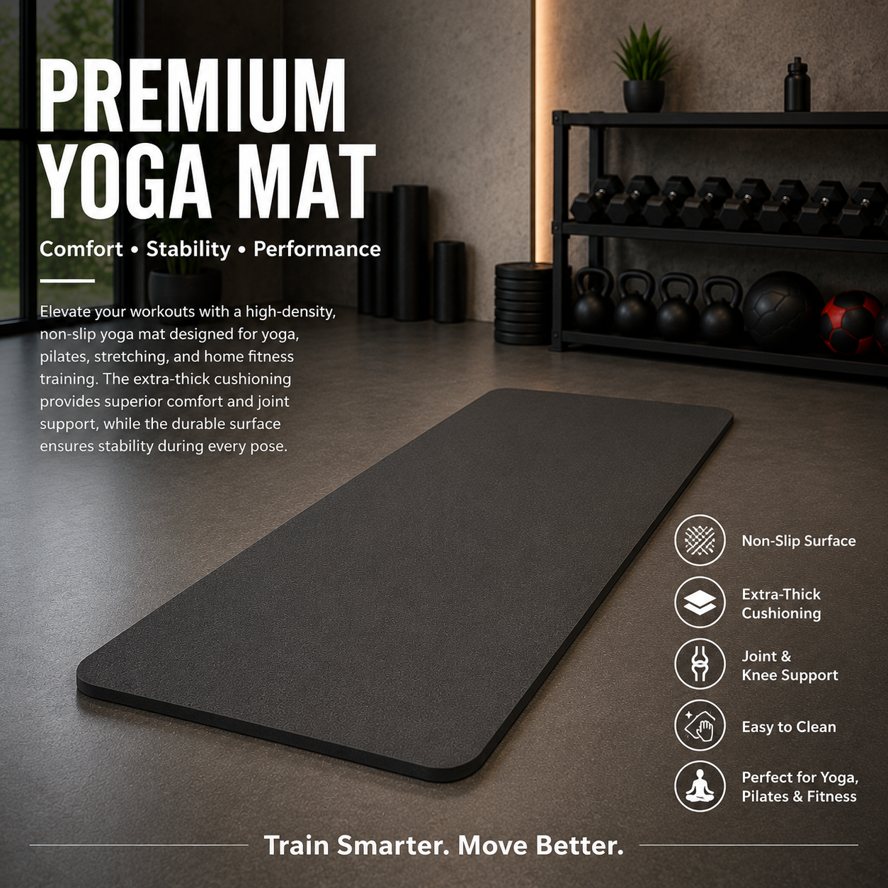 FitSynca Exercise Mat | 10mm | 78×51 Inch | Black